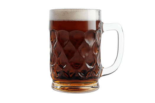 Glass mug filled with dark beer, isolated on transparent background. showcasing rich foam and intricate glass design. png