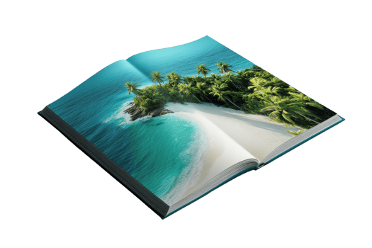 Open book with stunning tropical beach image, featuring clear blue water, white sand, and lush greenery. Perfect for travel and vacation themes. png