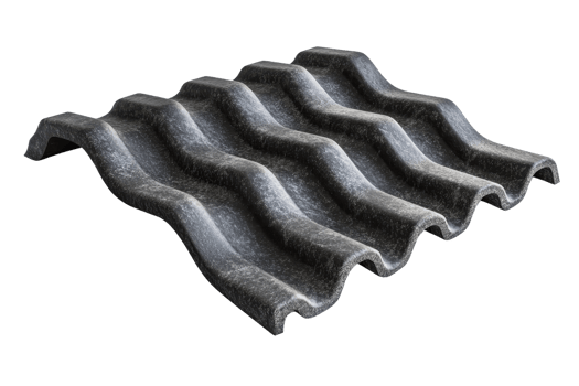 Close-up image of a wavy, corrugated asbestos roofing sheet with a textured surface, isolated on a transparent background. png