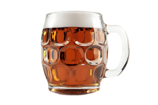 Glass mug of amber beer with frothy head isolated on transparent background. Perfect for breweries, bars, and beer-related promotions. png