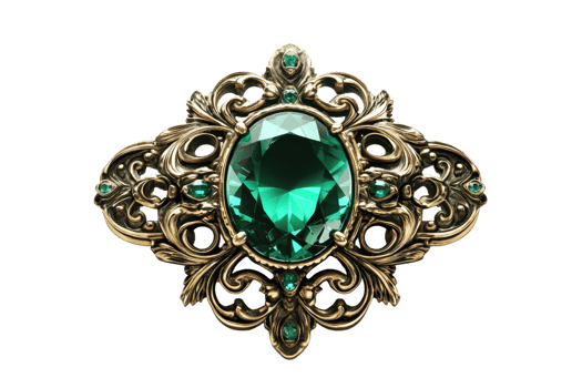 Elegant vintage-style brooch with an ornate gold design and a central green gemstone. Perfect for adding a touch of sophistication. png