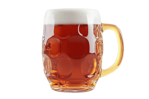 Close-up of a frothy beer in a transparent glass mug with a handle, isolated on transparent background. png