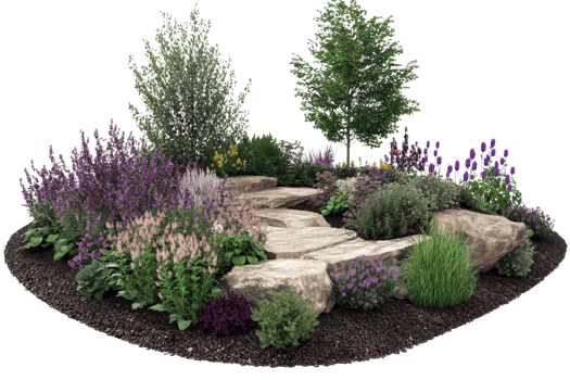 Beautiful garden with vibrant flowers, shrubs, and trees. Featuring a stone path and surrounded by lush greenery. png