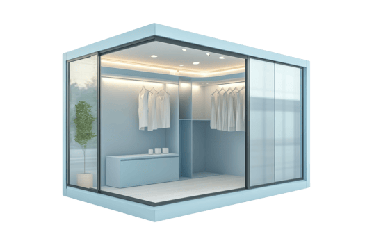 Modern minimalist walk-in closet with sleek design, hanging clothes, soft lighting, and glass walls showcasing organized storage. png