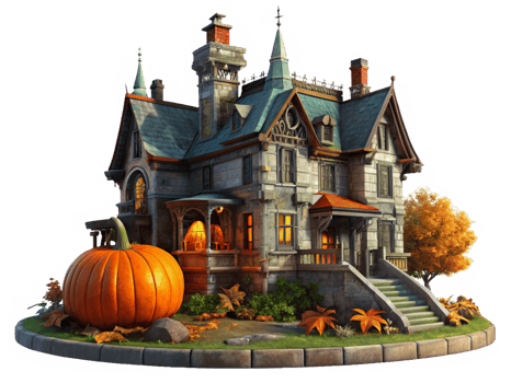 Spooky Mansion Surrounded by Glowing Jack-O'-Lanterns png
