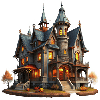 Spooky Halloween Mansion with Glowing Jack-O'-Lantern Display png