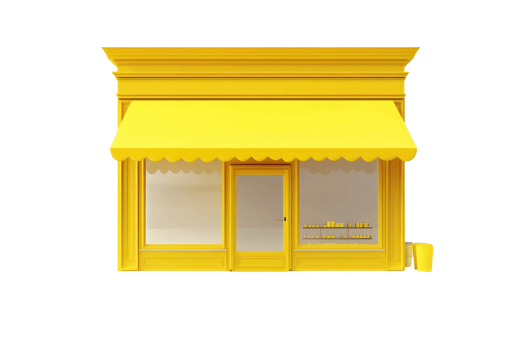 Yellow storefront with awning, front view of a small, bright shop or cafe. Isolated on transparent background. png