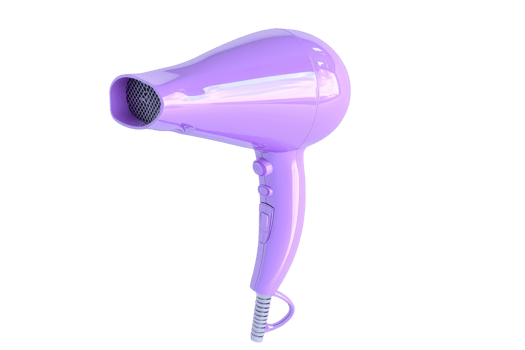 Purple hairdryer for hair care, isolated on a transparent background. Modern electric tool for drying hair. png
