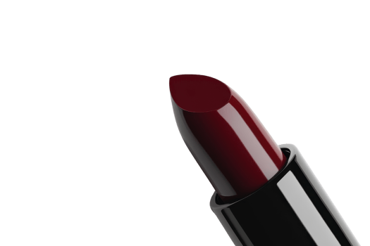 Close-up of a dark red lipstick with a sleek black and silver casing, isolated on a transparent background. Perfect for beauty and cosmetics themes. png