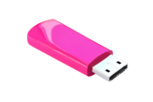 Pink USB flash drive isolated on transparent background. Portable data storage device for backup and transfer of documents and media files. png