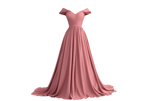 Elegant pink off-shoulder evening gown with a flowing skirt, perfect for special occasions and formal events. png