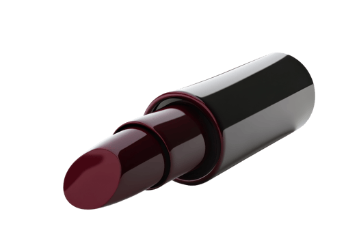 Close-up of a dark red lipstick with sleek black and silver packaging, ideal for makeup, fashion, beauty, and advertising purposes. png