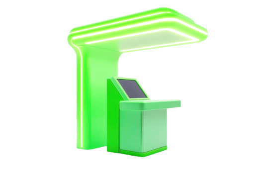 Modern green self-service kiosk isolated on transparent background. sleek design and illuminated structure for user-friendly interface. png