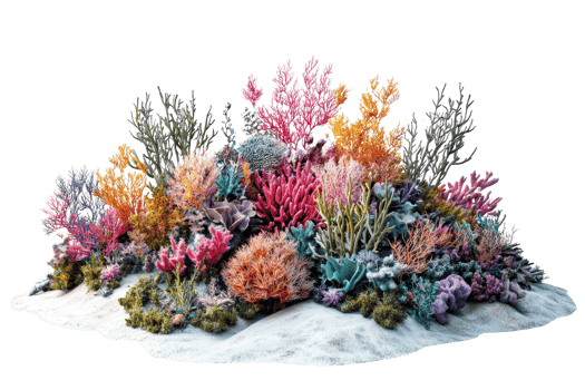 Vibrant coral reef with a variety of colorful corals and marine life, isolated on a transparent background. png
