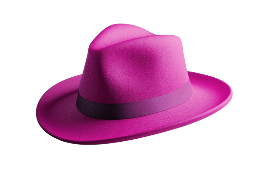 Stylish pink fedora hat with a dark purple band isolated on a transparent background. Perfect for fashion concepts and accessory highlights. png
