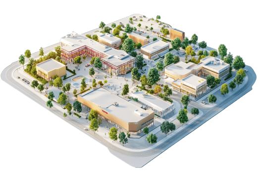 Aerial view of a small town with buildings, trees, and roads. Ideal for urban development, landscape design, and community planning visuals. png
