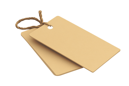 Pair of blank brown tags tied with a string. Ideal for labeling, pricing, or gift wrapping. Neutral design suitable for various uses. png