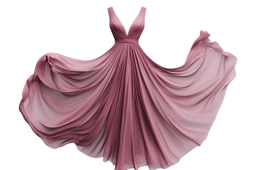 Elegant pink evening dress with flowing fabric and deep V-neck, perfect for formal events and glamorous occasions. png