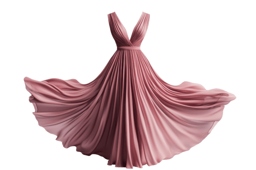 Elegant pink evening gown with a flowing skirt and deep V-neckline, perfect for formal events and special occasions. png