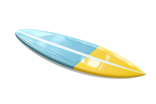 Colorful surfboard with blue and yellow design, ready for cutting through waves. Perfect for beach enthusiasts and water sports fans. png