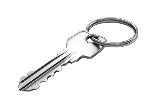 High-quality image of a metal key on a keyring, isolated on white. Perfect for themes of security, access, and home. png