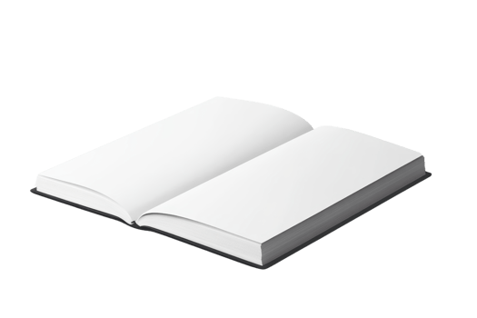 Open blank book with white pages on a solid background. Ideal for design, education, literature, and business concepts. png