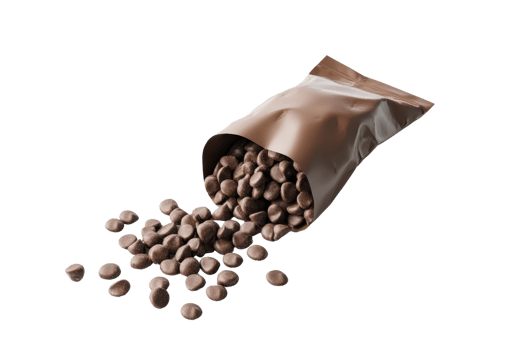 Open brown pouch with chocolate candies spilled out, isolated on transparent background. perfect for food and snack related themes. png