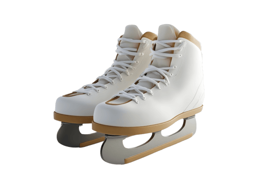 Pair of white ice skates with golden accents on a reflective surface. Ideal for winter sports, ice skating, and professional use. png