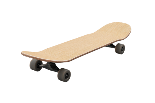 Side view of a wooden skateboard with black wheels, perfect for sport enthusiasts and urban street culture. png
