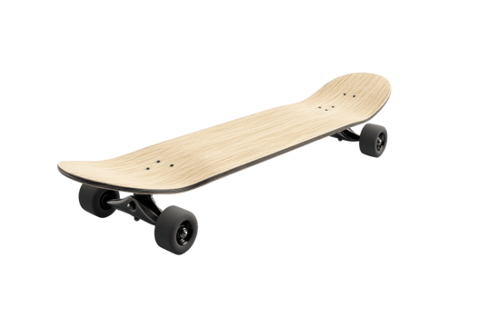 Wooden skateboard with black wheels on a transparent background. showcasing modern design and quality craftsmanship for outdoor activities. png