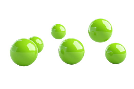 Bright green glossy spheres floating in the air, isolated on transparent background. Modern abstract 3D rendering for tech and design use. png