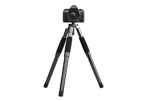 A professional DSLR camera mounted on a sturdy tripod, perfect for photography and stable shooting, isolated on a transparent background. png