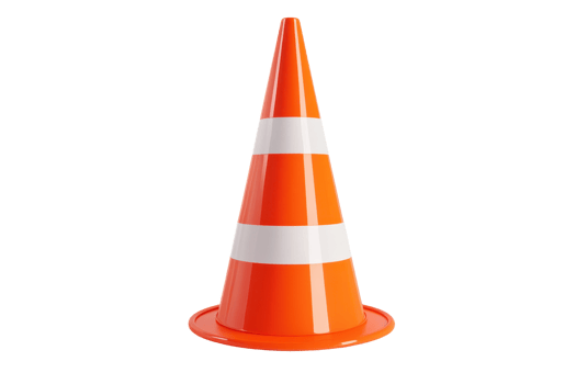Orange traffic cone with white stripes, often used in construction zones, road safety, and hazard areas for visual warnings and barriers. png