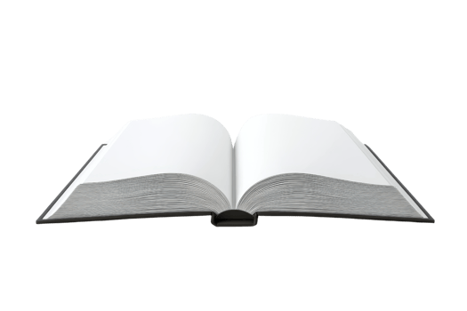 Open book with blank white pages isolated on a transparent background. Perfect for educational or literary themes. png