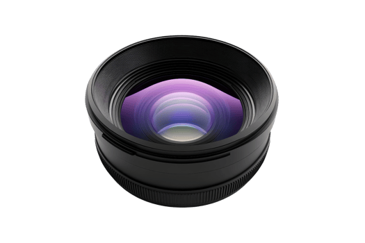 High-quality camera lens with a striking purple reflection, perfect for photography enthusiasts and professional photographers alike. png