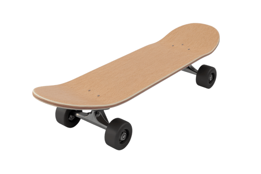 A modern, blank wooden skateboard with black wheels, perfect for skaters and extreme sports enthusiasts. Ready for customization and tricks. png