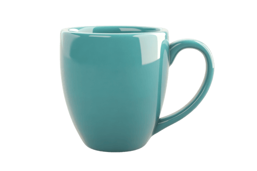 Elegant turquoise ceramic cup with handle isolated on a transparent background. Perfect for coffee, tea, and other beverages. png
