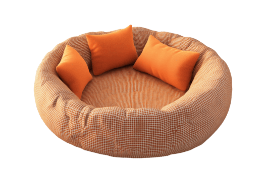 Cozy orange pet bed with soft pillows, ideal for cats or small dogs. Comfortable and stylish design for your furry friend's relaxation. png