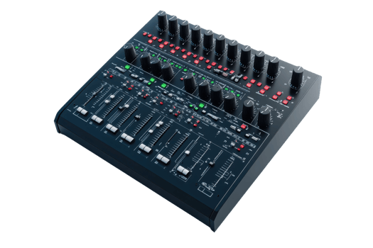 Professional audio mixing console with knobs and sliders on a transparent background. perfect for music production and sound engineering. png