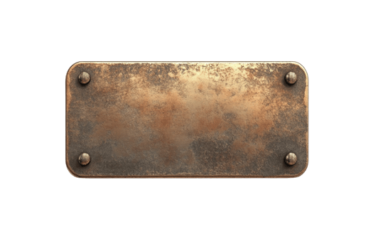 Rustic blank metal nameplate with screws isolated on transparent background. Perfect for graphic design or industrial themed projects. png