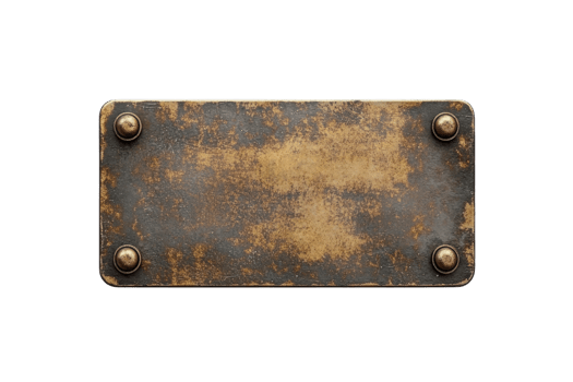 Rustic metallic nameplate with bolts and distressed texture, ideal for vintage or industrial design projects and signage. png