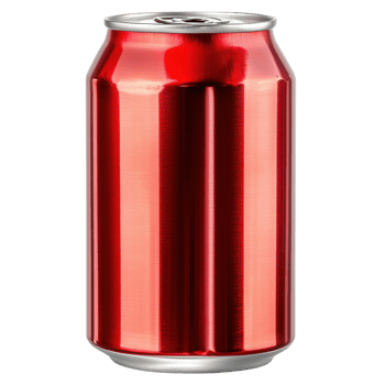 Vibrant red beverage can resting on a bright surface png