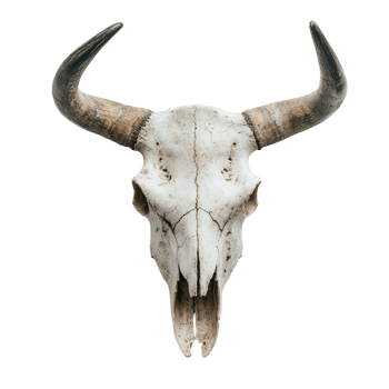 Artistic display of a vintage bull skull on a white wall png
