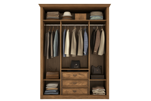 Organized wooden wardrobe with clothes, hats, and bags neatly arranged on shelves and hangers, showcasing clutter-free storage. png