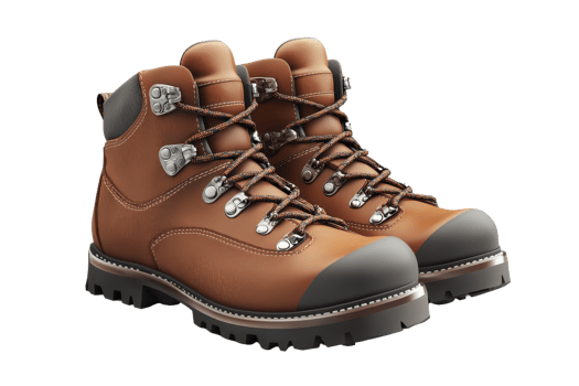 Pair of brown leather hiking boots with sturdy soles and metal eyelets, perfect for outdoor adventures and rough terrains. png