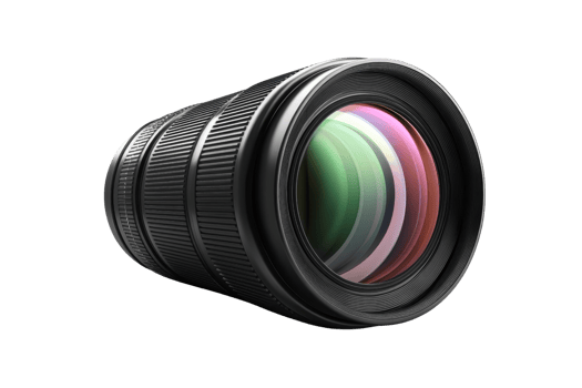 Close-up of a professional camera lens with multi-coated optics. Ideal for photography enthusiasts and professionals. png