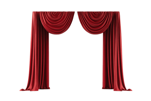 Elegant red theater curtains draped open, creating a classic and sophisticated stage entrance, perfect for performances and events. png