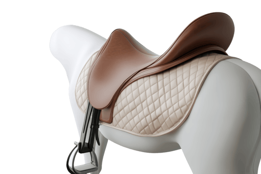 A close-up view of a well-crafted leather saddle on a horse mannequin, showcasing its detailed quilting and premium build quality. png