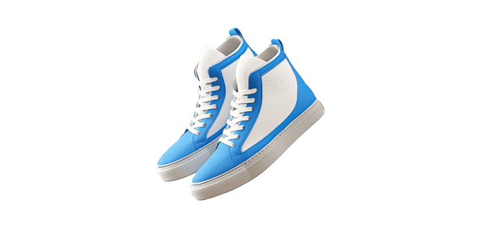 Blue and white high top sneakers gracefully float on a transparent background, capturing a moment of style and creativity png