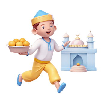 Smiling Boy Running to Mosque with Treats png